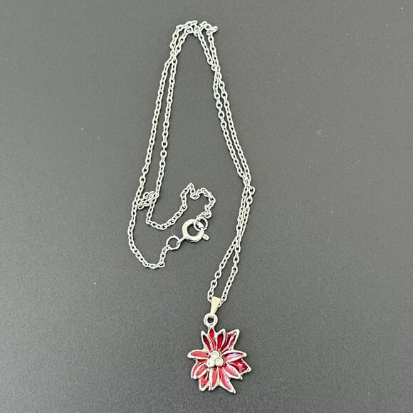 Vintage Silver Chain Necklace With Red Enamel Flower Pendant - Picture 2 of 3